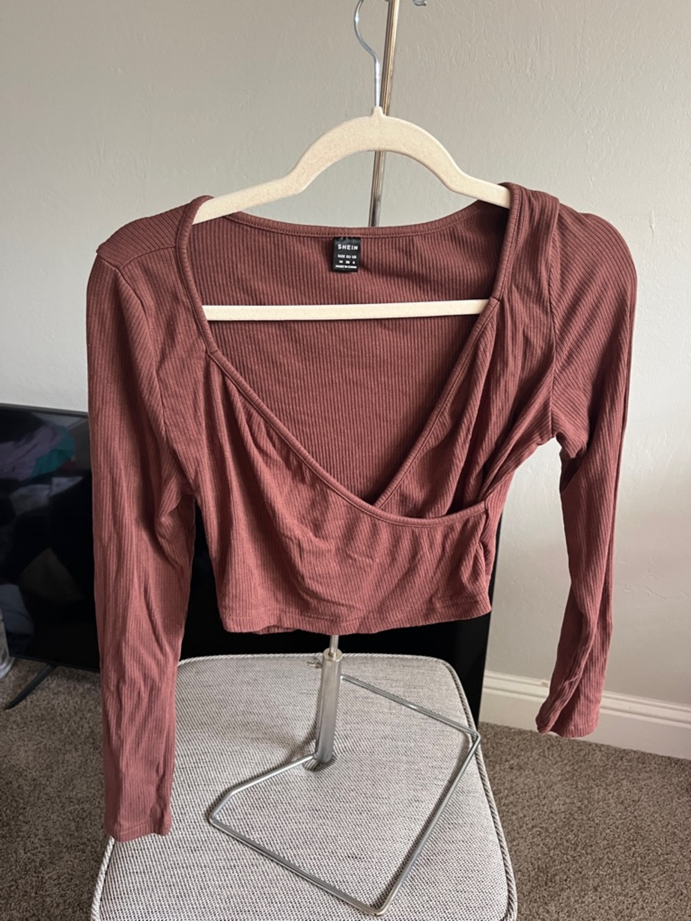 Shein Women's Ribbed Long-Sleeve Wrap Crop Top — brown